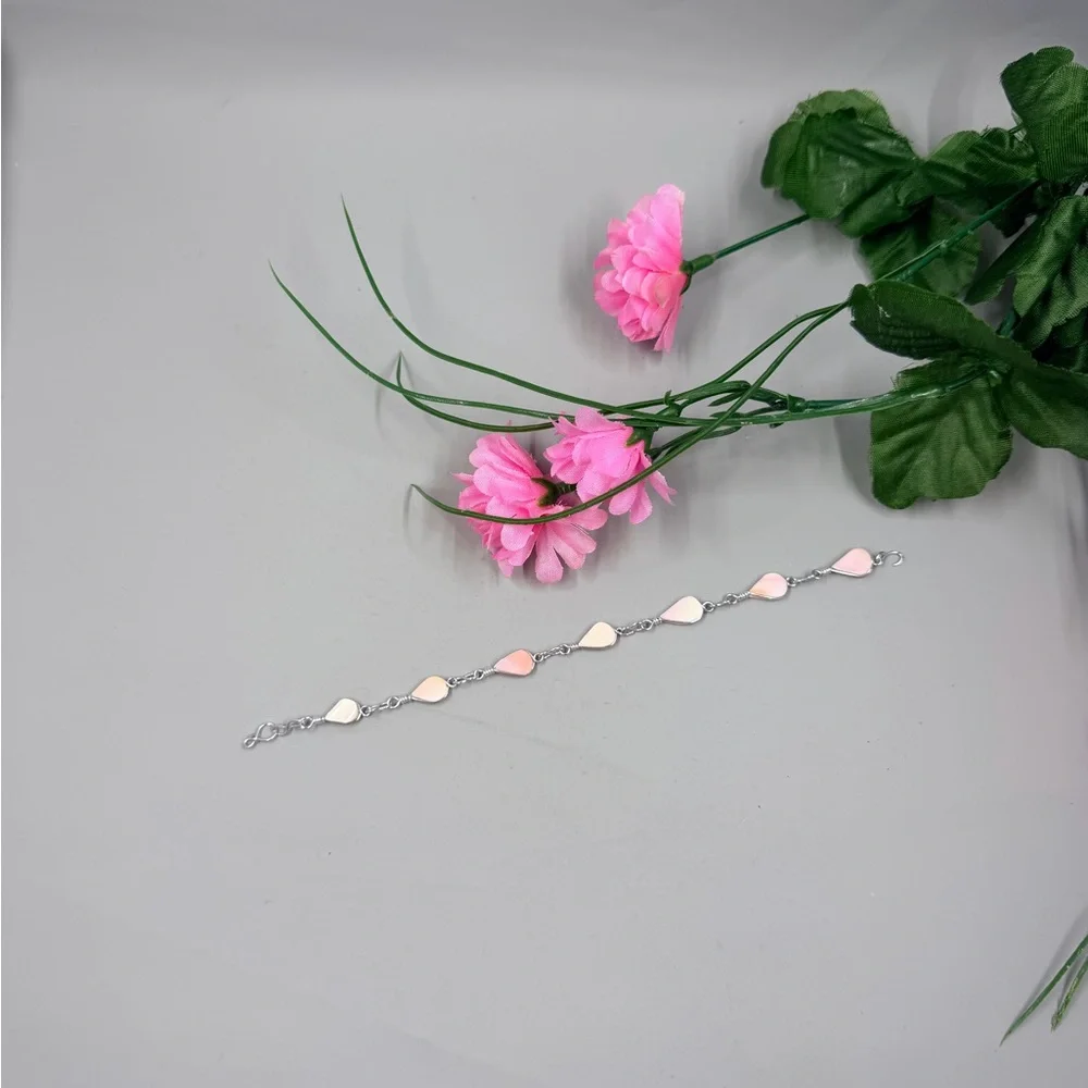 Delicate Pink Stone Handmade Sterling Silver Plated Wire Wrap Link Bracelet - Picture 2 of 5